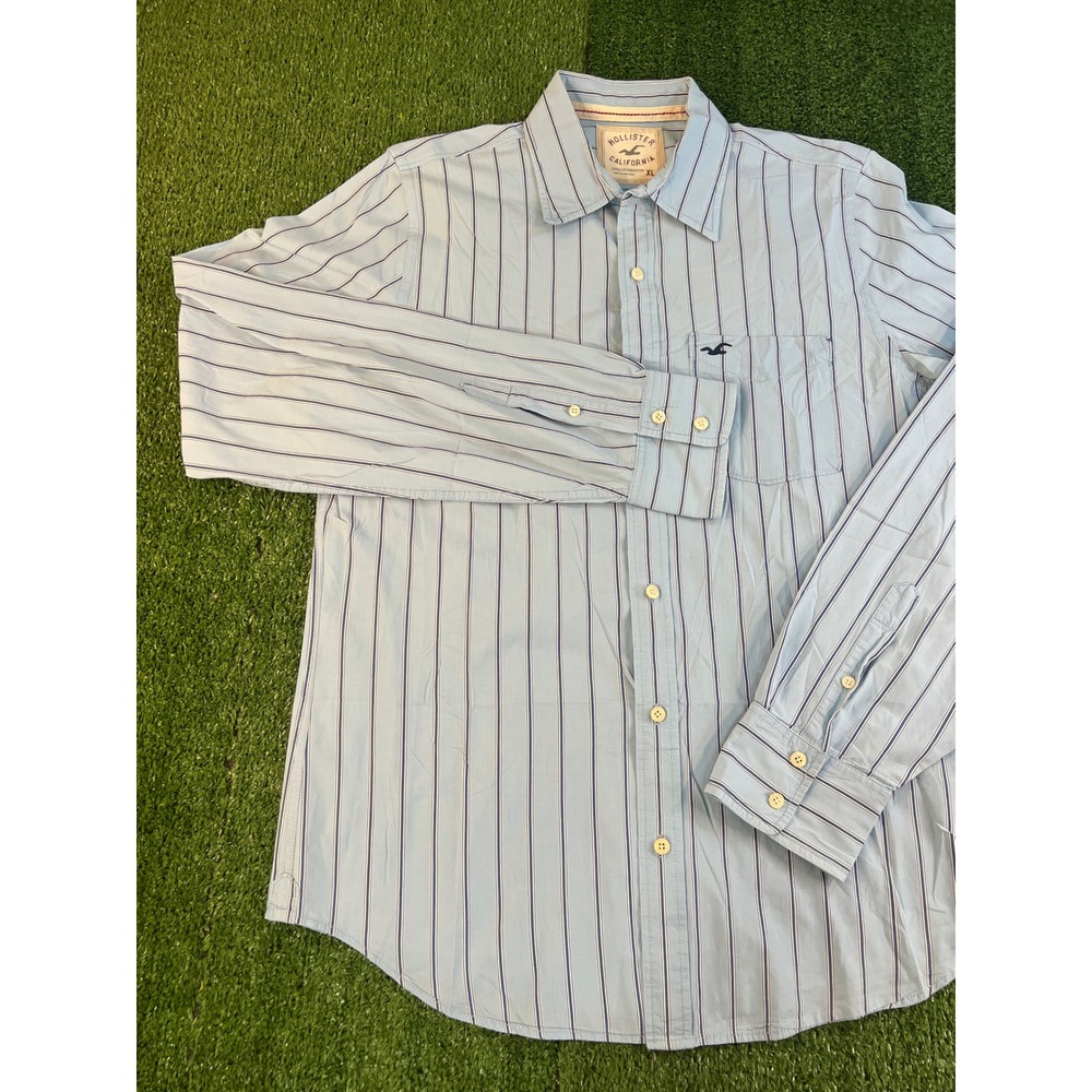 Hollister Mens XL Long Sleeve Button Down Shirt Blue Striped Cotton Seagull Logo